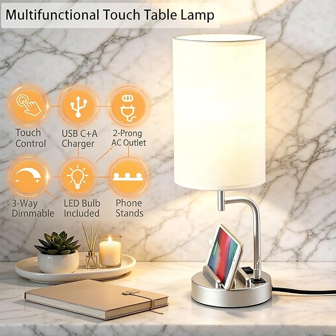 Dreamholder Touch Control USB Table Lamp with USB C/A & AC Outlet, 3-Way Dimmable Bedside Lamp, Modern Nightstand Lamps for Bedroom Living Room Guest Room Office, Bulb Included, Silver