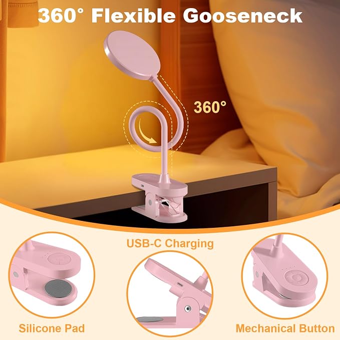 Rechargeable LED Desk Lamp with Clamp, Portable Clip on Light with 3 Color & 10 Brightness, Cordless Desk Light for Makeup Home Office Book Reading Crafting Sewing Drawing Knitting Puzzle (Pink/4.7'') | 10 Brightness Levels, Clamp Lamp with USB-C, 15.8...