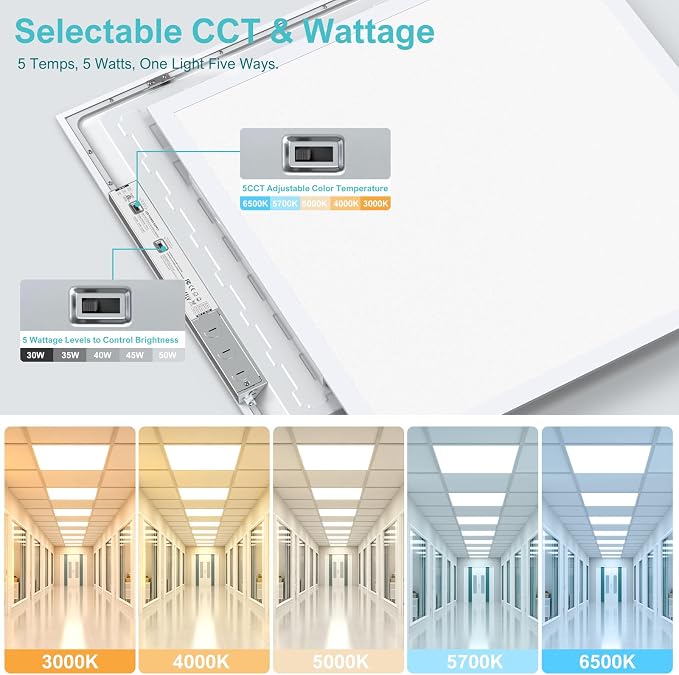 4 Pack 2x2 LED Flat Panel Light,3000K-6500K & 5 Wattage Selectable | 50W 5500LM, 0-10V Dimmable, AC 120-277, Recessed 2x2 led drop ceiling light fixture for Office, Kitchen, Garage, School