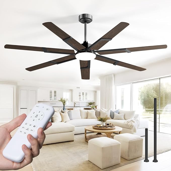 Amico 66 Inch Ceiling Fans with Lights and Remote, Walnut | 6 Speed Reversible DC Motor, 3CCT, Dimmable, Quiet, Timer, Large Modern Ceiling Fan for Living room, Indoor/Outdoor