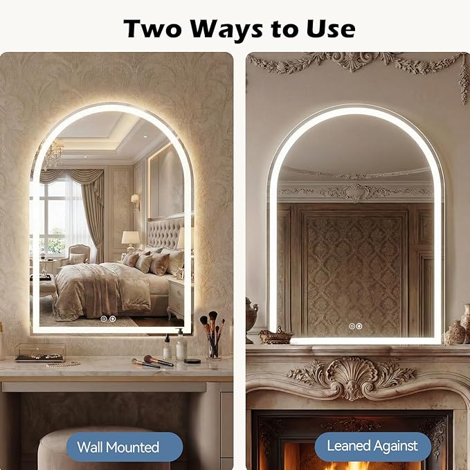 DUMOS 20"×28" LED Bathroom Mirror with Lights, Arched Vanity Mirror with Anti-Fog, Dimmable, 3-Color Light, Memory Function, Tempered Glass