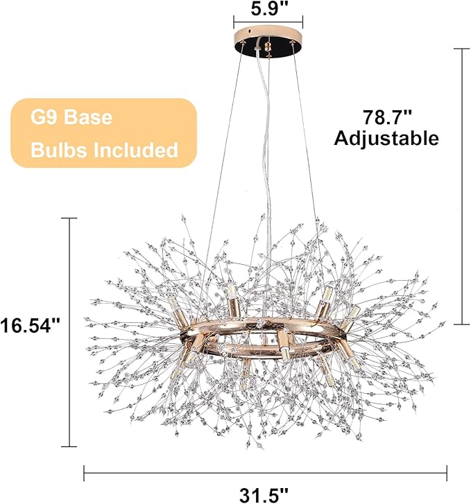 Dandelion Chandelier, 12-Light Gold Firework Crystal Chandelier, Round Dining Room Light Fixture Hanging Light for Entryway Foyer (Bulb Included)