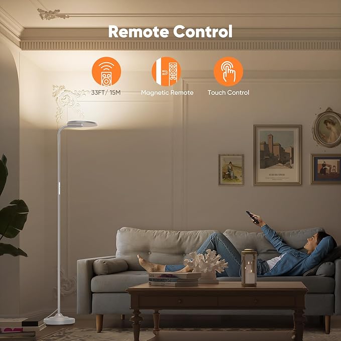36W LED Floor Lamp, Super Bright Standing Lamp, Modern Stepless Dimmable Torchiere Tall Lamp with Remote Control, 350°Rotating Head Reading Floor Lamp for Living Room, Bedroom, Office