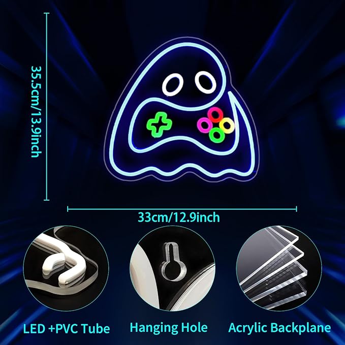Ghost Neon Sign, JGHTURIE Gamer Neon Signs for Wall Decor Gaming Light Up Blue Led Sign USB Powered Game Room, Man Cave Decor