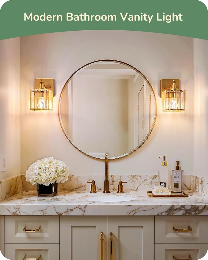 EDISHINE Modern Gold Crystal Wall Sconces Set of 2, Bathroom Vanity Lights | Hardwired, 1-Light, Standard E26 Base, Up Down Mounting, Bath Lamp for Living Room, Bedroom, Powder Room, Gold