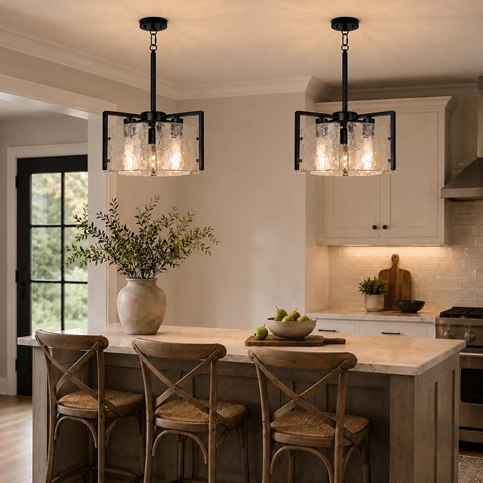 14.2 Inch Black Chandeliers for Dining Room, Adjustable Height | 3-Light Modern Entryway Light Fixture, Glass Pendant Lights for Kitchen Island Foyer Bedroom Bathroom