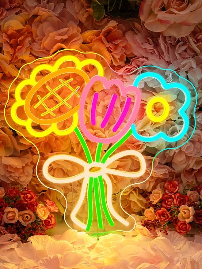 Bouquet LED Neon Sign Colorful Art Flower Light for Home Wall Decoration | 12.59IN*12.59IN,Five level brightness adjustment,USB power,For Bar,Club,Pub,Living room,Bedroom,Restaurant,Beach Bungalow