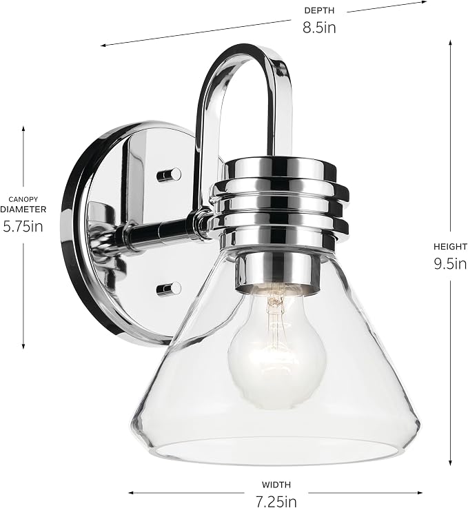 Kichler Farum 1-Light Bathroom Wall Light, Chrome | Modern wall light with clear glass for baths and hallways (7.25" x 9.5"), 55153CHCLR