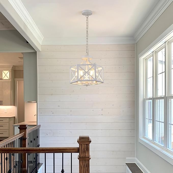 6-Light Antique White Pendant Light, Modern Farmhouse Chandeliers for Dining Room, Adjustable Hexagonal Metal Hanging Light, Vintage Geometric Pendant Lighting for Kitchen Island Entryway Foyer