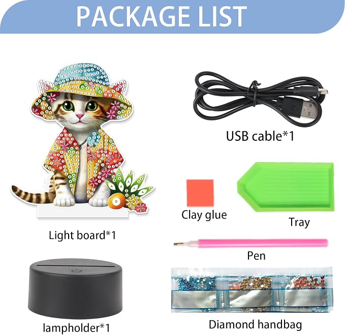 JISHSHAY Diamond Painting Night Light Diamond Art Table Lamps Gem Art LED Lights Gem Painting Desk Lamp Mosaic Kits for Adults DIY Kits for Adults Paint by Numbers Special Shaped Cat