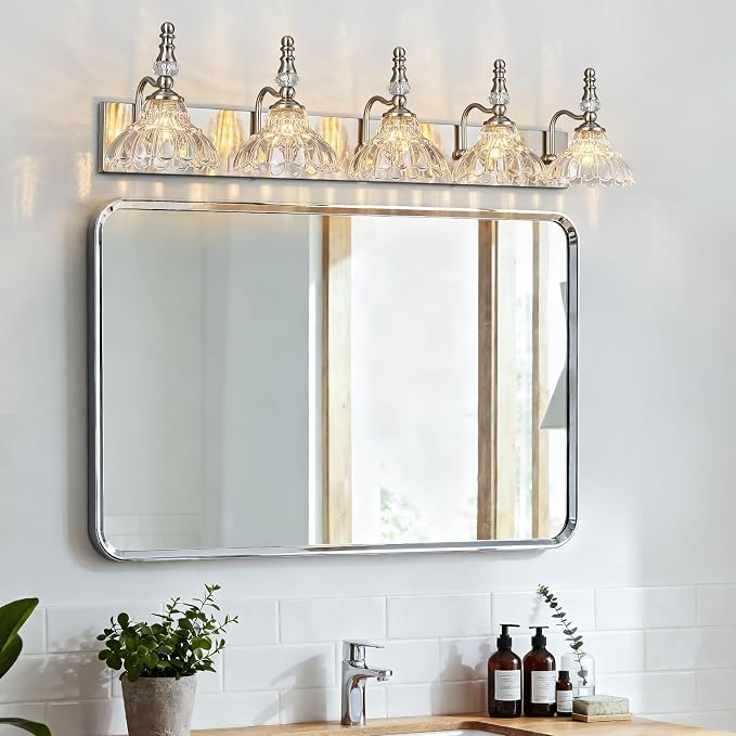 Vintage Bathroom Vanity Light, 5-Light Brushed Nickel Vanity Lighting Fixture with Flower Glass Shade, Bathroom Lighting Fixtures Over Mirror