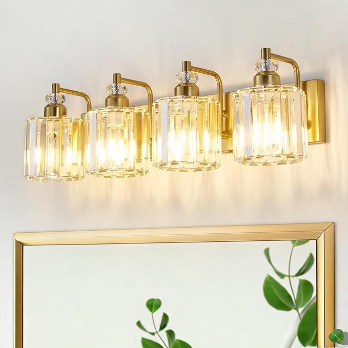 4-Light Brushed Brass Bathroom Light Fixtures Modern Vanity Lights Over Mirror Gold Bathroom Vanity Lighting with Crystal Shade E26 Base Wall Sconce for Bedroom Living Room Restroom Wall Lamp
