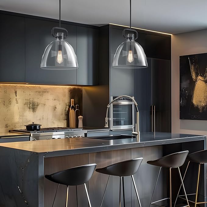 14'' Large Black Pendant Lights Kitchen Island, 1-Light Farmhouses Pendant Lighting Fixture, Adjustable Cord Modern Glass Island Light for Kitchen Bedroom Dining Room, E26