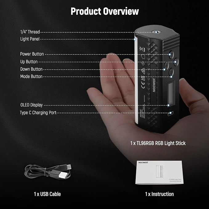 NEEWER Basic 2 Pack Magnetic Handheld Light Wand, 360° Full RGB Mini LED Video Light Stick with 2500mAh Battery,2500-8500K Dimmable Camera Tube Light for Photography TikTok YouTube Vlog,TL96RGB