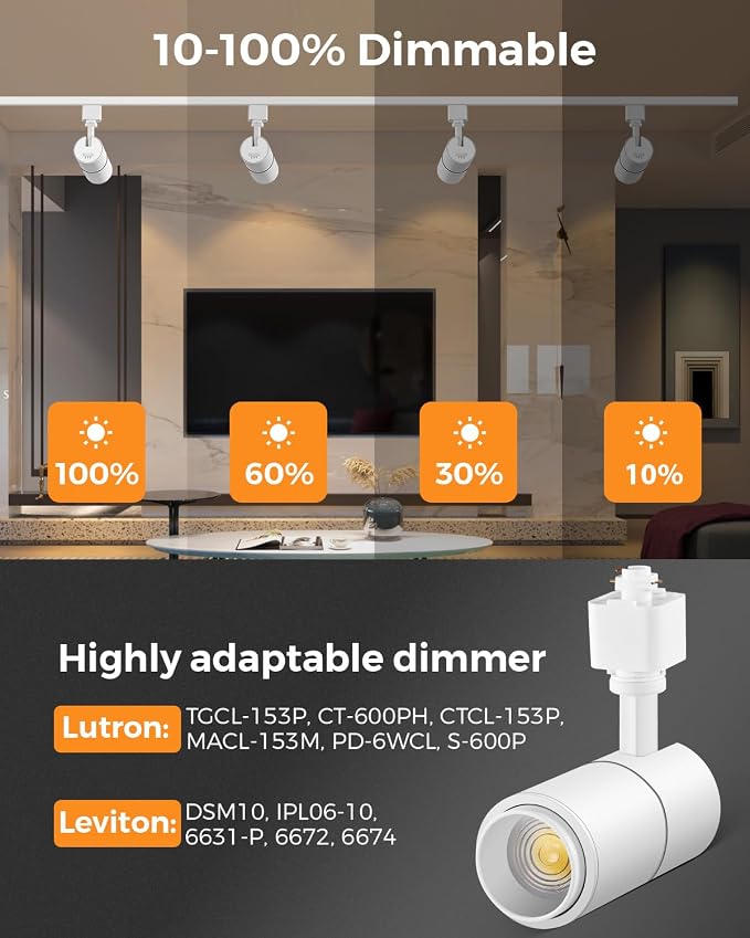 VANoopee 3-Color Zoomable 10W LED Track Lighting Heads H Type, White 4 Pack | Track Light Heads Dimmable Bright Ceiling Spotlight Fixtures Accent Art, 3000K 4000K 5000K Adjustable, CRI90+ 15°-60°, 1000lm