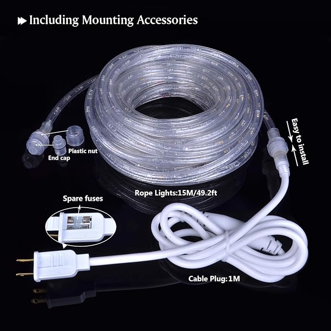 98.4ft Outdoor Rope Lights Waterproof Warm White, Connectable Flexible 110V Plug Thick Cool Clear Tube 3000K LED Rope Lights for Patio, Pool, Camping, Bedroom Decor, Indoor
