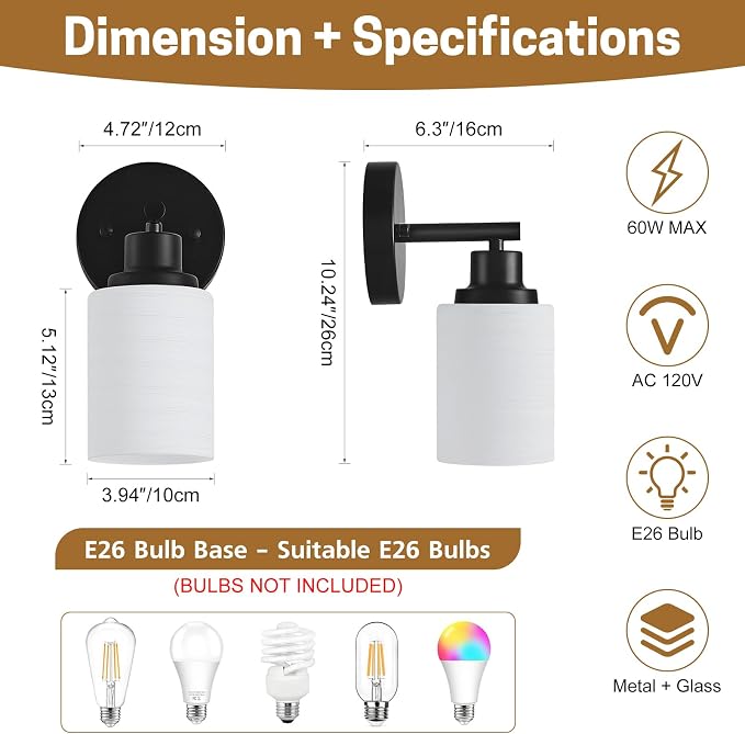 2-Pack, 1-Light Vanity Lights, Matte Black Bathroom Light Fixture with Textured Milky White Glass Shade, E26 Modern Vanity Lighting Fixture for Bathroom Wall Sconce