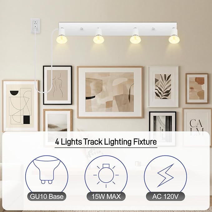 AUQUEE Plug in Track Light, White, 23", 4 Way GU10 Track Ceiling Lighting | Wall Spotlight, Rotatable Track Head, For Kitchen Cabinet Gallery Bar Hallway Living Room, Rocker Switch, 15 FT Cord