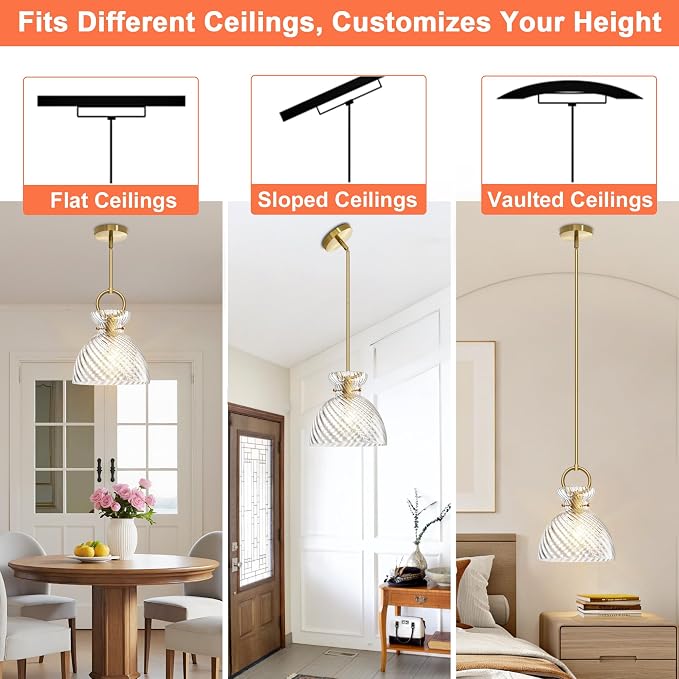 Gold Pendant Light Kitchen Island with 9.84'' Striped Glass Shade | Modern Pendant Lighting Over Sink, Adjustable Hanging Ceiling Light, E26 Dimmable Hardwired for Dining Room Hallway, 1-Pack