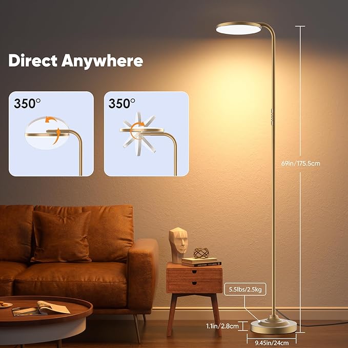 36W LED Floor Lamp, Super Bright Standing Lamp, Modern Stepless Dimmable Torchiere Tall Lamp with Remote Control, 350°Rotating Head Reading Floor Lamp for Living Room, Bedroom, Office