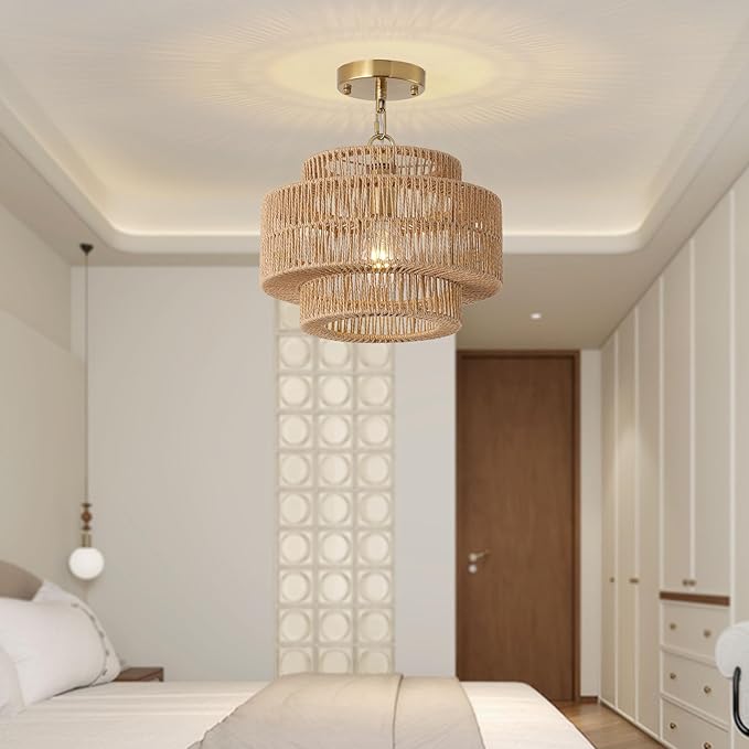 12.4" Large Boho Rattan Farmhouse Chandeliers for Dining Room, Rattan Hand-Woven Rustic Drum Chandelier Pendant Light Fixture for Kitchen Island Bedroom Living Room Entryway Foyer