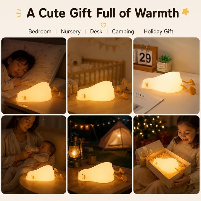 Cute Lying Flat Duck Night Light for Kids, Silicone Squishy Duck Lamp, 3-Level Dimmable Touch Control Bedside Night Light, USB Rechargeable Nursery Light for Baby Bedroom, Birthday Christmas Gift