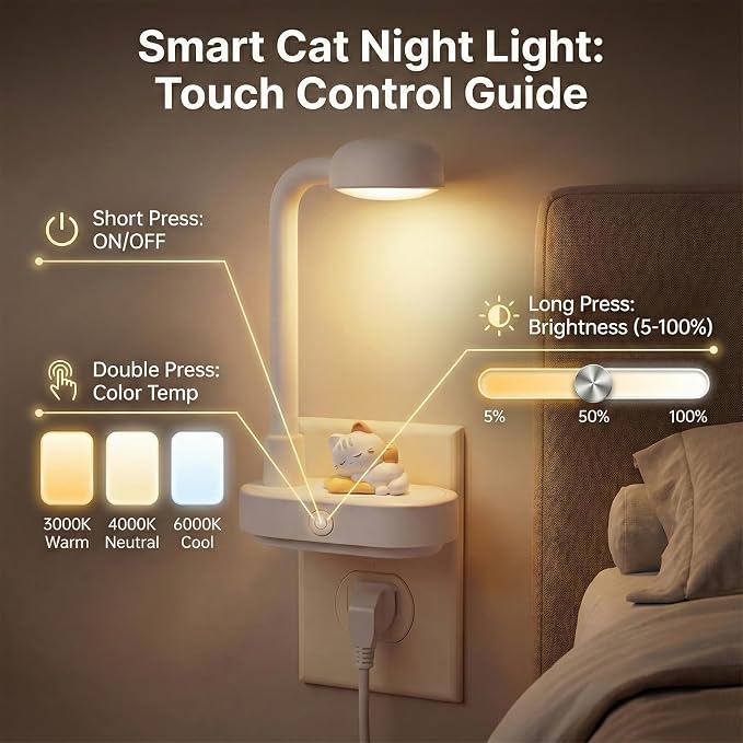 Decorative Night Lights Plug into Wall, Cute Cartoon Cat Night Light with On/Off Switch, 3-Color Dimmable Brightness, Home Decor Birthday Gift for Kids, Ideal for Bedroom, Bathroom, Kitchen, Hallway