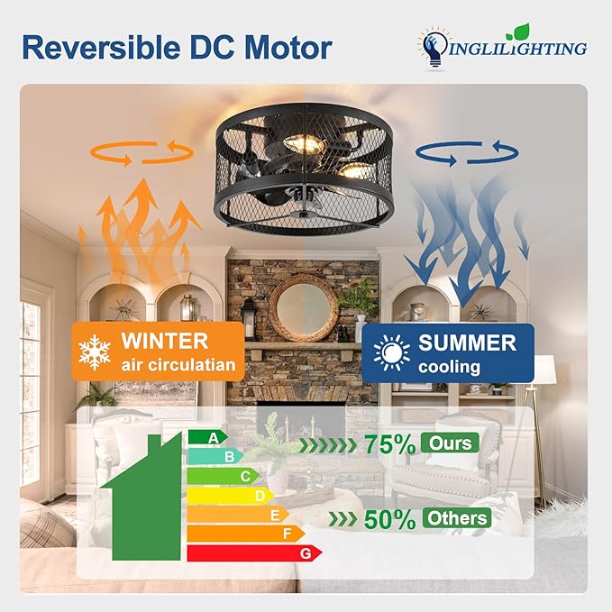 DLLT Caged Ceiling Fans with Light: 13" Small Outdoor Farmhouse Ceiling Fan with Remote App Control - Black Rustic Semi Flush Mount Bladeless Enclosed Fan for Bedroon Kitchen