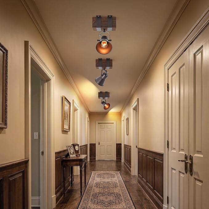 Rustic Ceiling Light, 1 Light Semi Flush Mount Ceiling Light, Farmhouse Wooden Spotlight Ceiling Light with Adjustable Head for Kitchen Sink Hallway Entryway Bedroom