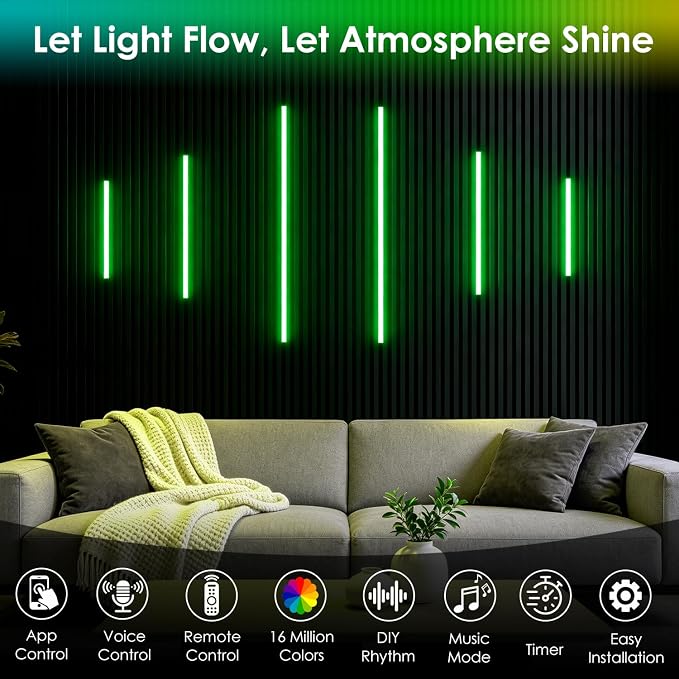 Smart RGB Slat Wall Lights 6PCS WiFi Wall Panel Lights with Alexa | Self Adhesive LED Light with APP & Remote Control, Music Sync, Timer, Memory Feature for Slat Wall, WPC & Acoustic Panels