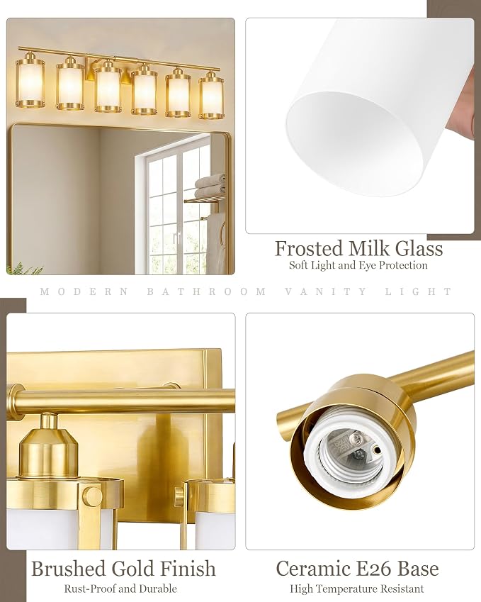 6-Light Brushed Gold Bathroom Light Fixtures Over Mirror with Frosted Milk Glass and Metal Cage Shade, 42" UL-Listed Modern Farmhouse Wall Sconce for Bath, Hardwire E26, OS-3014BGW-6W