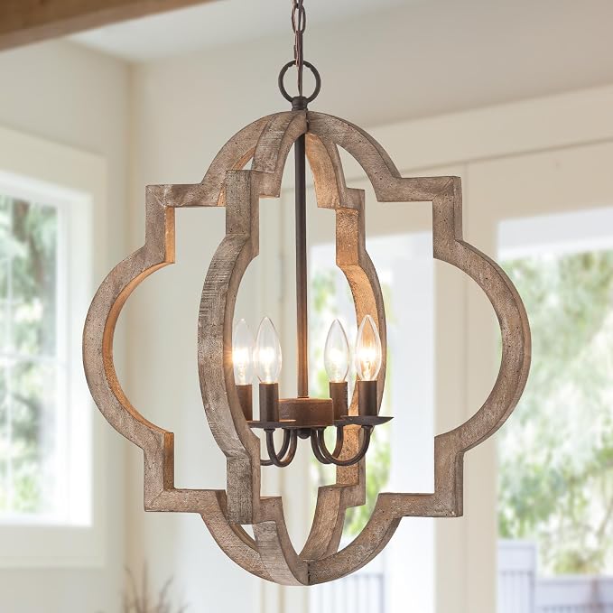 22" Farmhouse Chandelier Orb Distressed Wood Oak Dining Room Light Fixture | Rustic Country Style,Large Lantern, 4-Light Hanging Pendant Light For Foyer Entryway Kitchen Island Bedroom Over Table