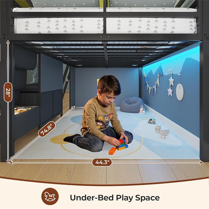 ADORNEVE Low Loft Bed Full Size with Bookshelf, Reading Nook & 3 Drawers | Black Kids Loft Bed, LED Light, Storage Drawers, Under-Bed Play Space,Safety Guardrail, Inclined Ladde, Play Curtain