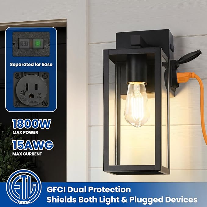 Outdoor Wall Light with GFCI Outlet, Dusk to Dawn Porch Light with Clear Glass and E26 Socket, Waterproof Anti-Rust Aluminum Exterior Lighting, Black Outside Lights for Patio, Front Door, Garage