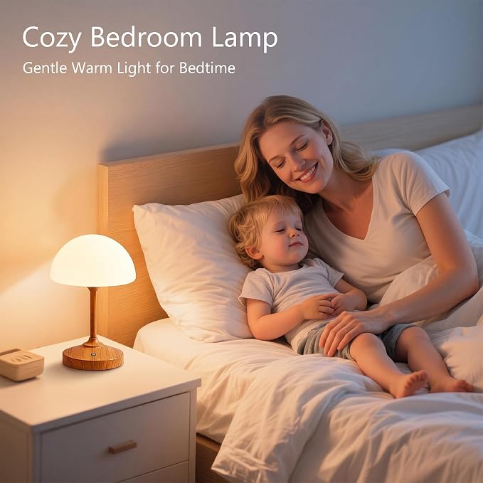 Table Lamp Cordless Lamp,5000mAh Rechargeble Battery Operated Lamp | Small Bedside Desk Lamp 11.02" with Glass Shade 3-Way Dimmable Portable LED Table Light,for Outdoor,Dinner,Patio(Wood Grain)
