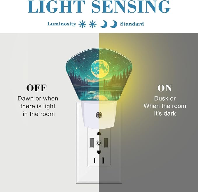 Fantasy Lake Forest Plug in Night Lights, Full Moon in Starry Sky Nightlight Plug Into Wall Dusk to Dawn Sensor for Kid Girls Boys Women Men Room, Hallway, Kitchen, Bathroom, Stairs Decor