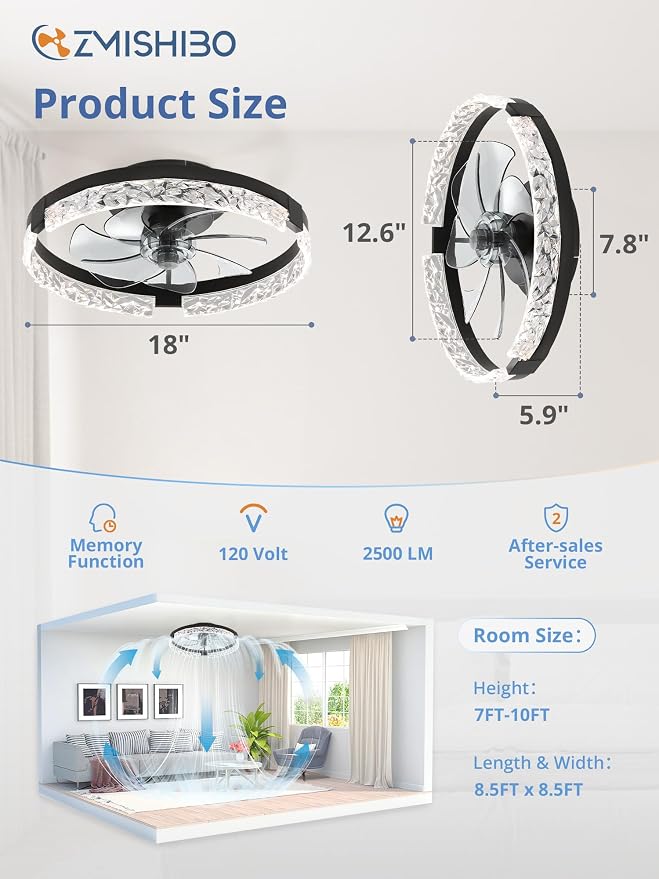 ZMISHIBO 18 Inch Ceiling Fans with Lights, Flush Mount Remote & App Control | 3CCT Dimmable LED, DC Motor, Bladeless, Reversible Blade, 6 Speeds, Modern, Low Profile, Enclosed, Bedroom, Kids, Girl, Adult