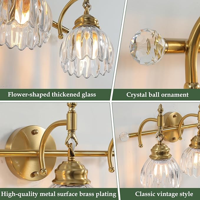 3 Light Vintage Vanity Light,Gold Brass Bathroom Light Fixture with Flower Clear Glass Shades,Bathroom Wall Light Over Mirror,E26 Base,Bulbs NOT Included