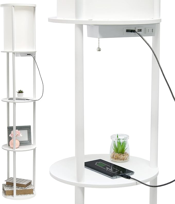 Simple Designs 62.5" LF2010-WHT Round Modern Shelf Etagere Organizer Storage Floor Lamp with 2 USB Charging Ports, 1 Charging Outlet and Linen Shade for Living Room Bedroom Office, White