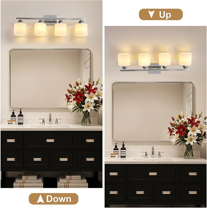 Mecgirn Stainless Steel Milk Glass Vanity Lights for Bathroom, 4 Light Chrome Bathroom Light Fixtures Over Mirror, Ceramic E26 Sockets Wall Mounted