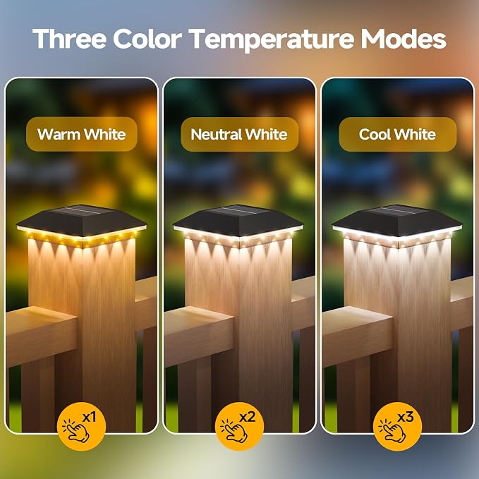 4 Pack 4x4 Solar Post Light, 3 Modes Wooden Vinyl Fence Cap, Black | 3 color temperatures, Waterproof LED Solar Post Lights, Patio Porch Decor, Only Fit Two True Size Post: 3.5''x3.5'', 4''x4''