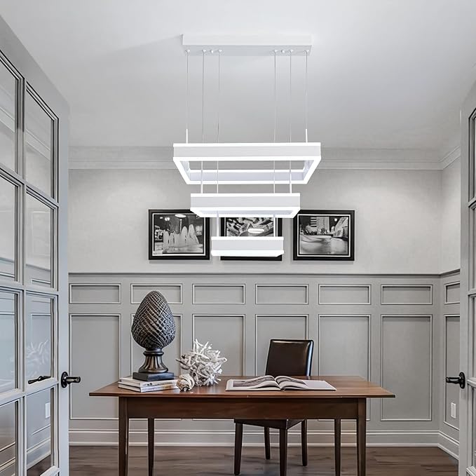 O'NEELDY Modern LED Chandeliers White Square Rings Pendant Light Fixture with Hanging Cord Flush Mount Square Modern Chandeliers for Kitchen Island Dining Room