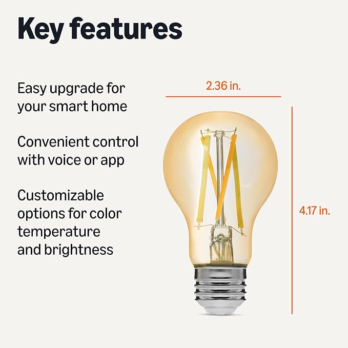 Amazon Basics A19 Smart Filament LED Bulb, Tunable White, Dimmable, Wi-Fi Enabled, Works with Alexa Only, Easy Setup, 2.4 GHz Wi-Fi, 4-Pack