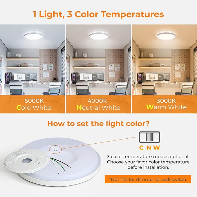BLNAN LED Flush Mount Ceiling Light, 12 Inch 24W 3000K/4000K/5000K Hardwire Light Fixture, Ultra Thin Round White Lamp for Kitchen Porch Bedroom Hallway Stairwell Basement, Non-dimmable 1 Pack
