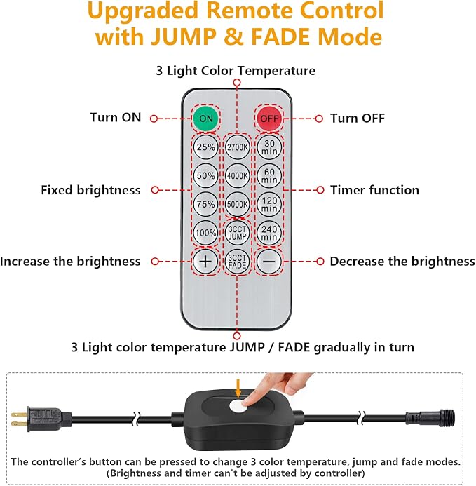144FT(3x48FT) 3 Colors LED Outdoor String Light with Remote, Black | Plug in, Jump/Fade/Static Modes, 2700K/4000K/5000K, 45+3 S14 Bulbs, Waterproof, Dimmable, Connectable, for Balcony Party