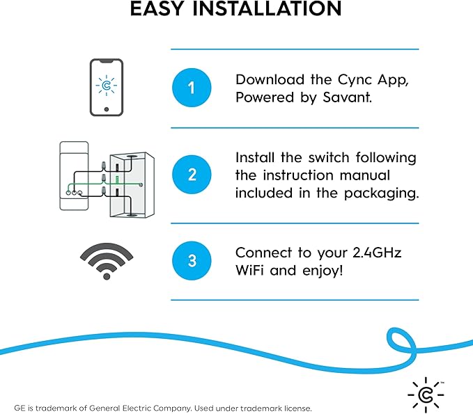 GE CYNC Smart Light Switch On/Off Button Style, No Neutral Wire Required Smart Switch, 2.4 GHz WiFi Works with Amazon Alexa and Google Home, White