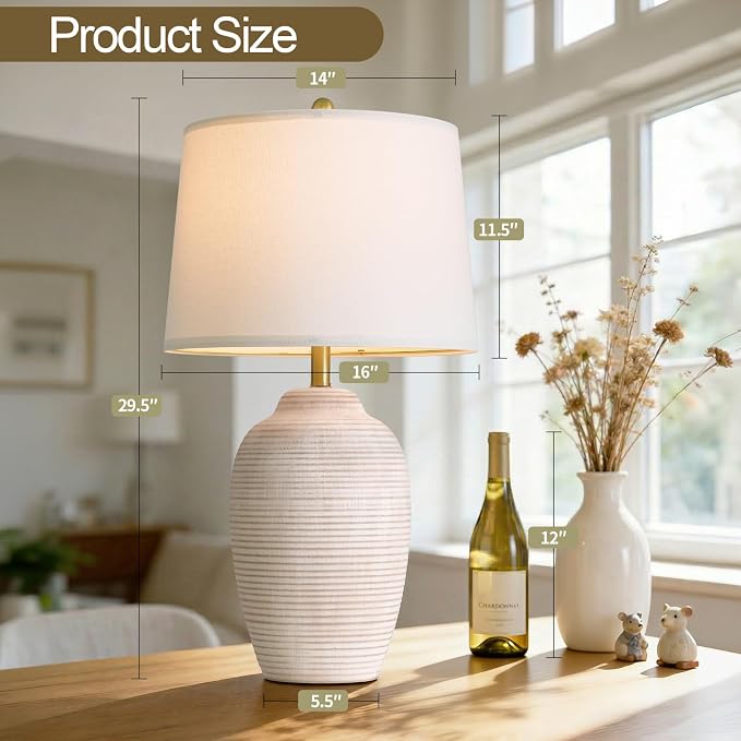 USumkky 29.5" Tall Vintage Ceramic Table Lamp with 5FT Cord - Single Large Rustic Farmhouse Bedside Lamp with Linen Shade & Natural Textured Finish, Nightstand Table Lamp for Bedroom End Table, Beige