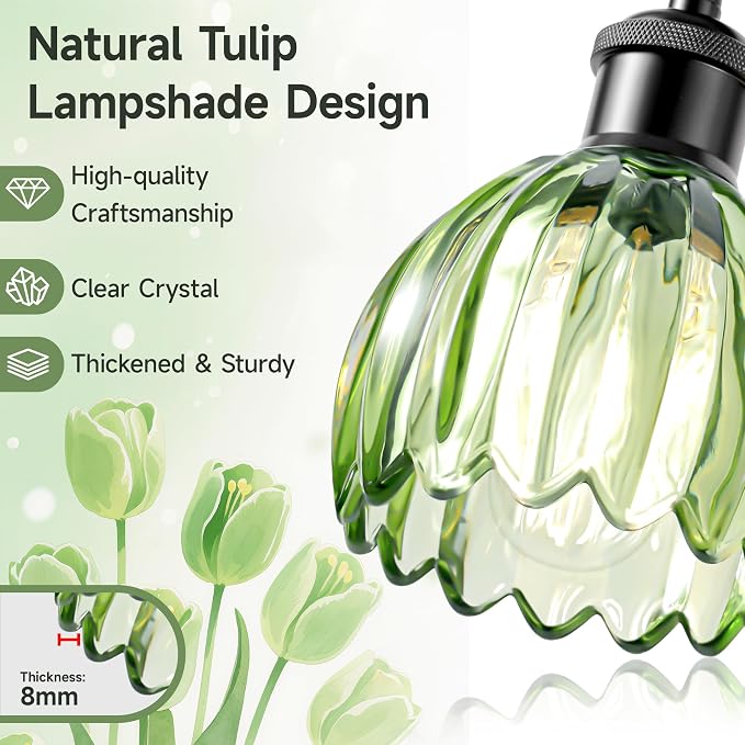 Bathroom Light Fixture,2-Light Vintage Bathroom Sconces Over Mirror, Black Fancy Vanity Lights, Flower Light Fixture with Green Tulip Glass Shade for Bedroom, Living Room, E26 Base