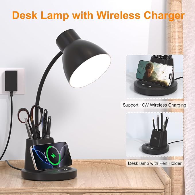 10W Wireless Charging LED Desk Lamp with Pen Holder, CRI 95, Black | 800LM, 3 Modes, 360°Flexible Arm, Touch, Brightness, Table Lamp for Home Office, Dorm, Bedside, Study, Reading, with Adapter