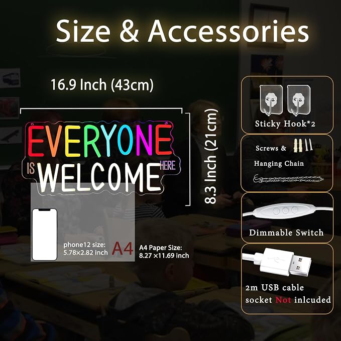 Everyone is Welcome Here Neon Sign, Dimmable Classroom Neon Sign Lights for Wall Decor, USB Positive Affirmation LED Neon Light, Welcome Signs for Classroom Teacher Gifts Rainbow Pride Diversity Decor